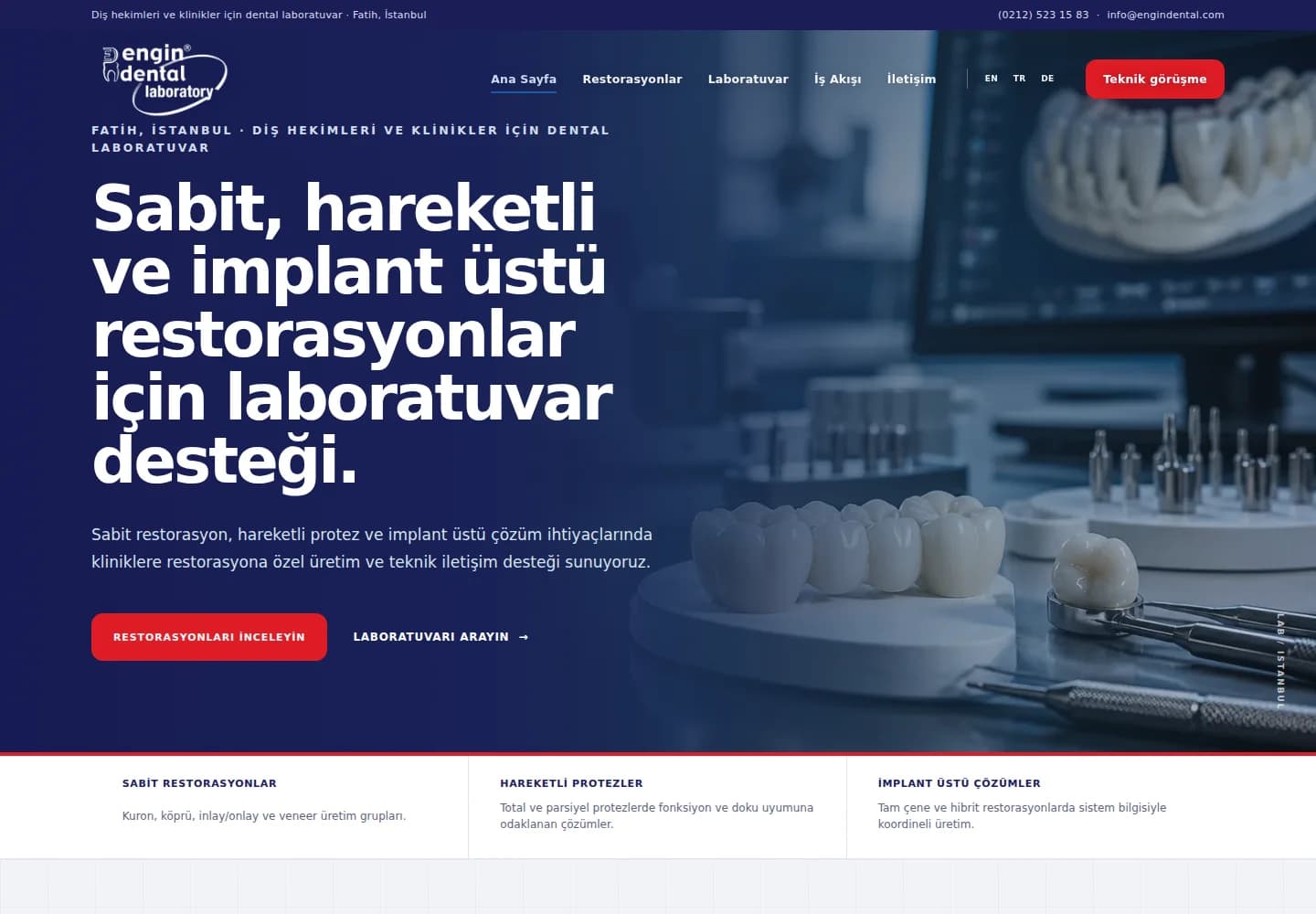 Engin Dental web sitesinin restorasyon çözümleri ve laboratuvar deneyimi